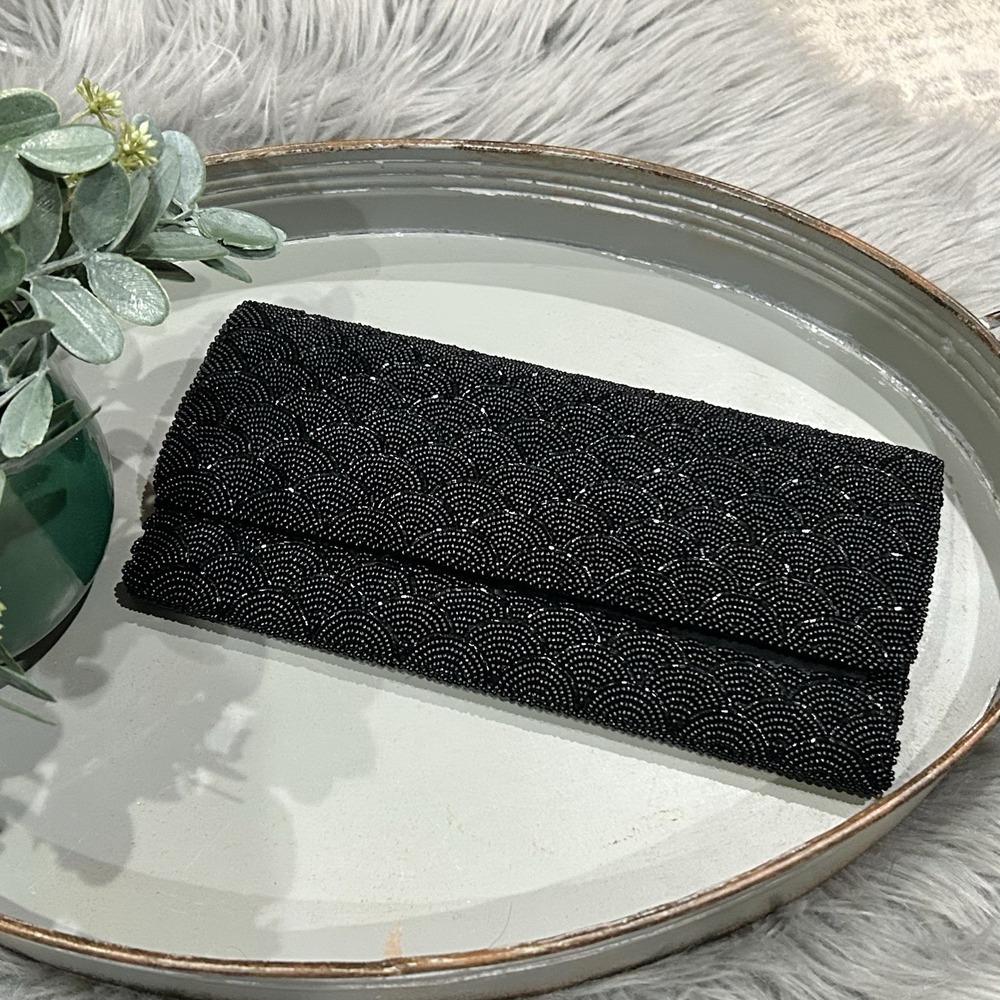 Vintage La Regale Black Beaded Sequin Clutch Purse‎ Handmade in Hong Kong 9.5"